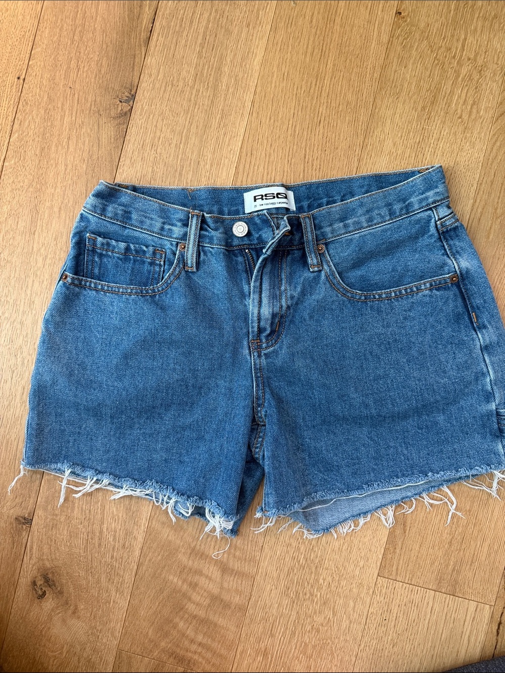 RSQ low rise baggy carpenter Blue Denim Cutoff Shorts size 25 dark wash